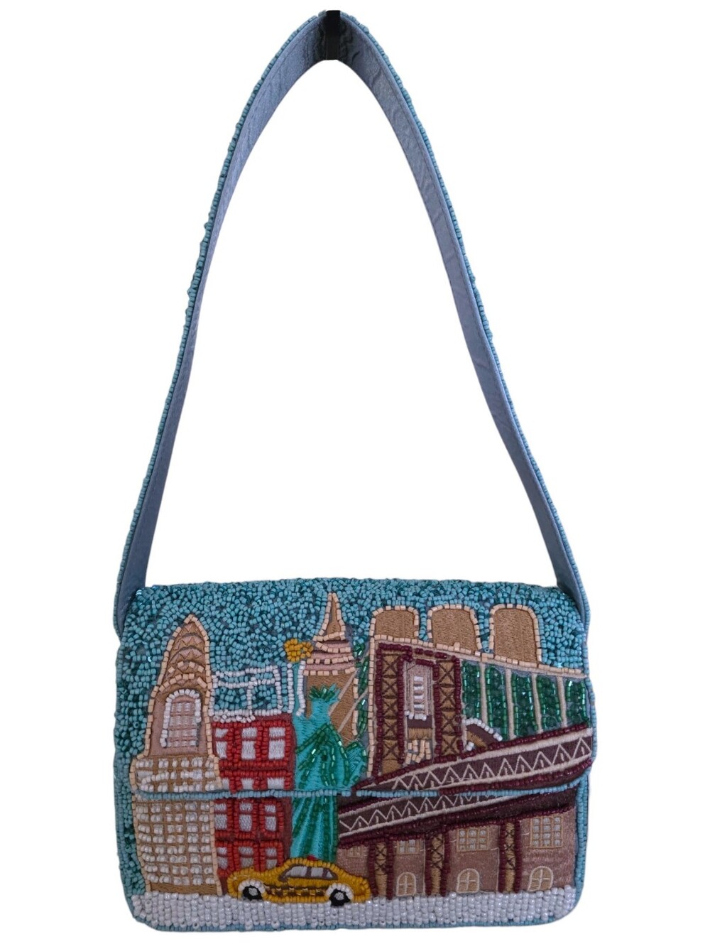 NEW NYC New York City Skyline Blue Beaded Shoulder Bag Big Apple Cityscape NWT
